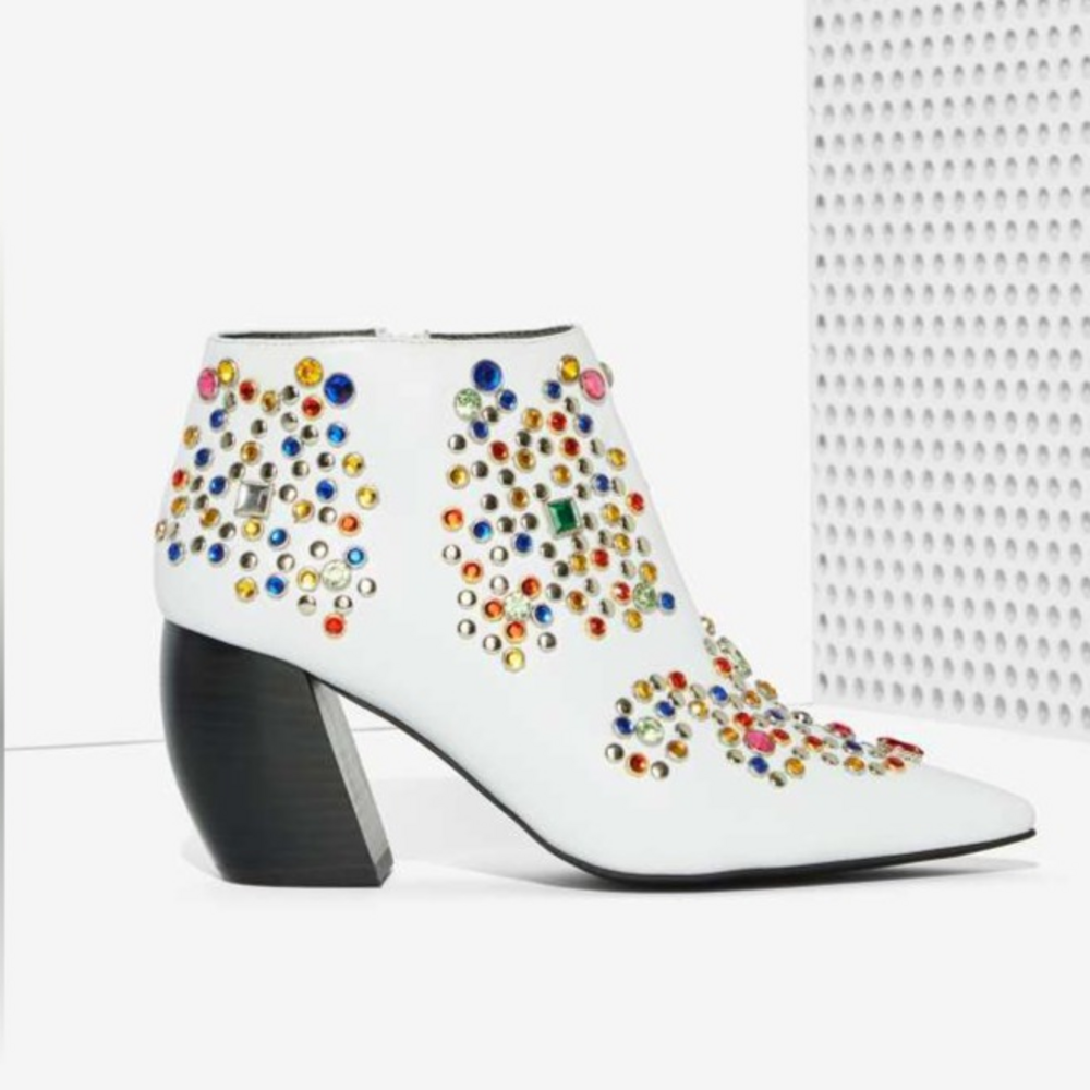 Jeffrey Campbell Arliss Jeweled Bedazzled Western Pointed White Heeled Boots